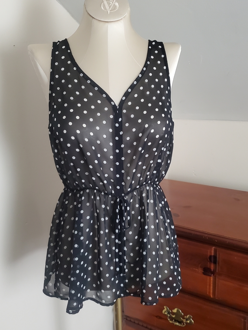 Black Sheer Polka Dot Sleeveless Peplum Top Small